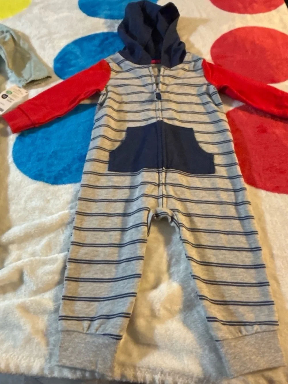 Carter's Navy Hooded One-Piece with Red Sleeves and Gray Stripes